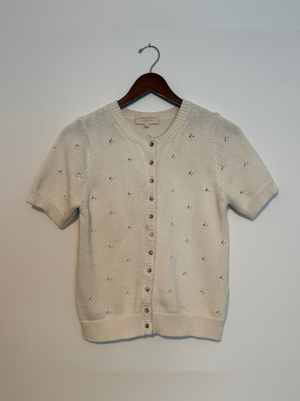 Sézane Cream Short Sleeve MED Pointelle Knit Cardigan Sweater Button Cotton RARE